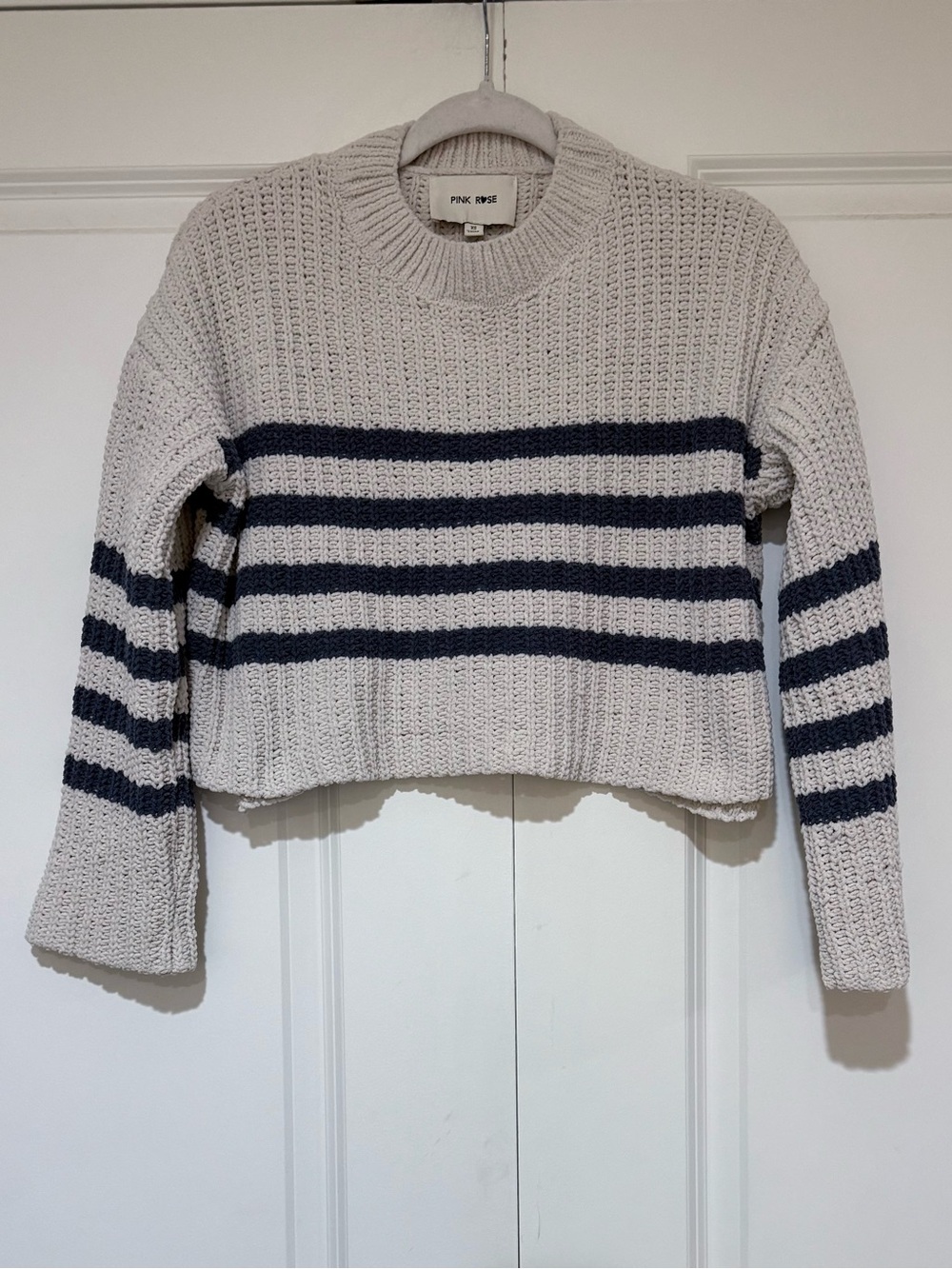 Pink Rose Cream Sweater with Gray Stripes